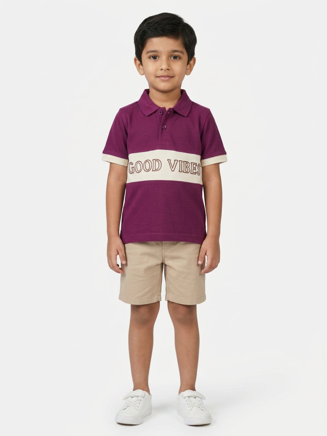 Boys Pure Cotton Purple & Off White Color Pique Polo T Shirt with Good Vibes design Print