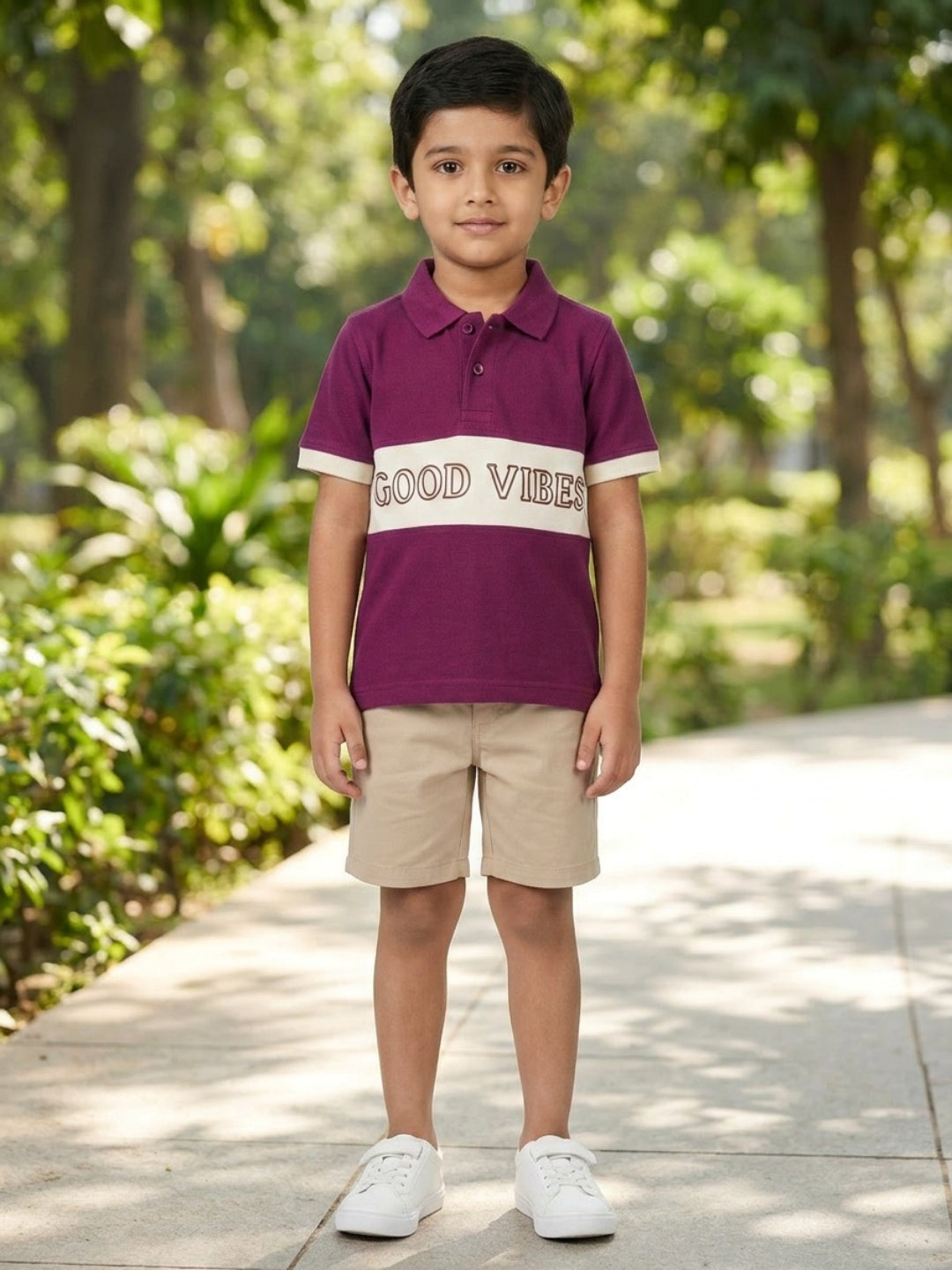 Boys Pure Cotton Purple & Off White Color Pique Polo T Shirt with Good Vibes design Print