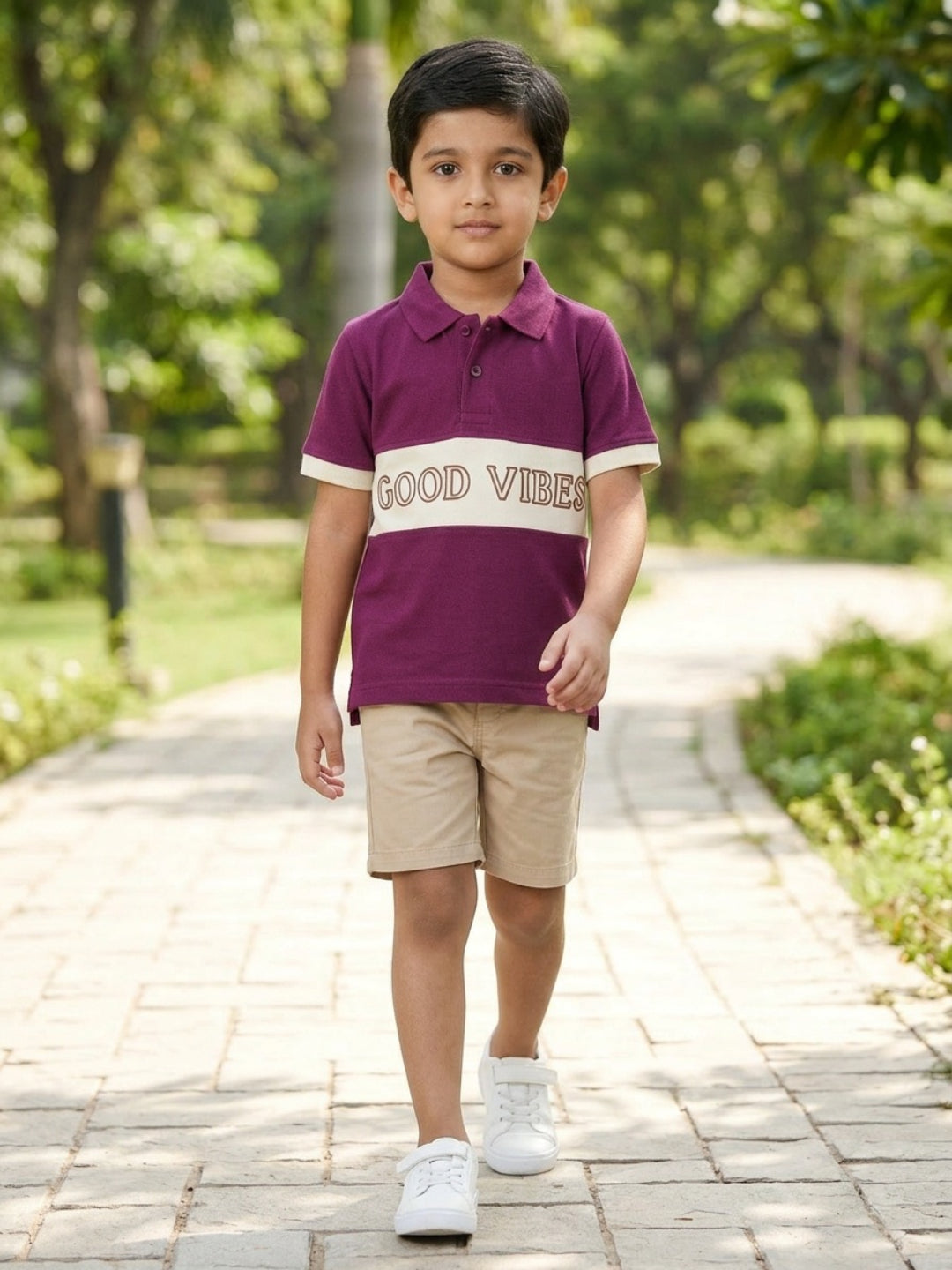 Boys Pure Cotton Purple & Off White Color Pique Polo T Shirt with Good Vibes design Print