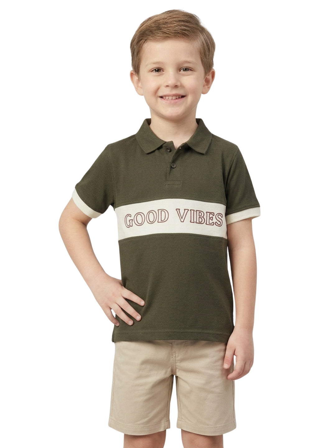 Boys Pure Cotton Olive Green & Off White Color Pique Polo T Shirt with Good Vibes design Print