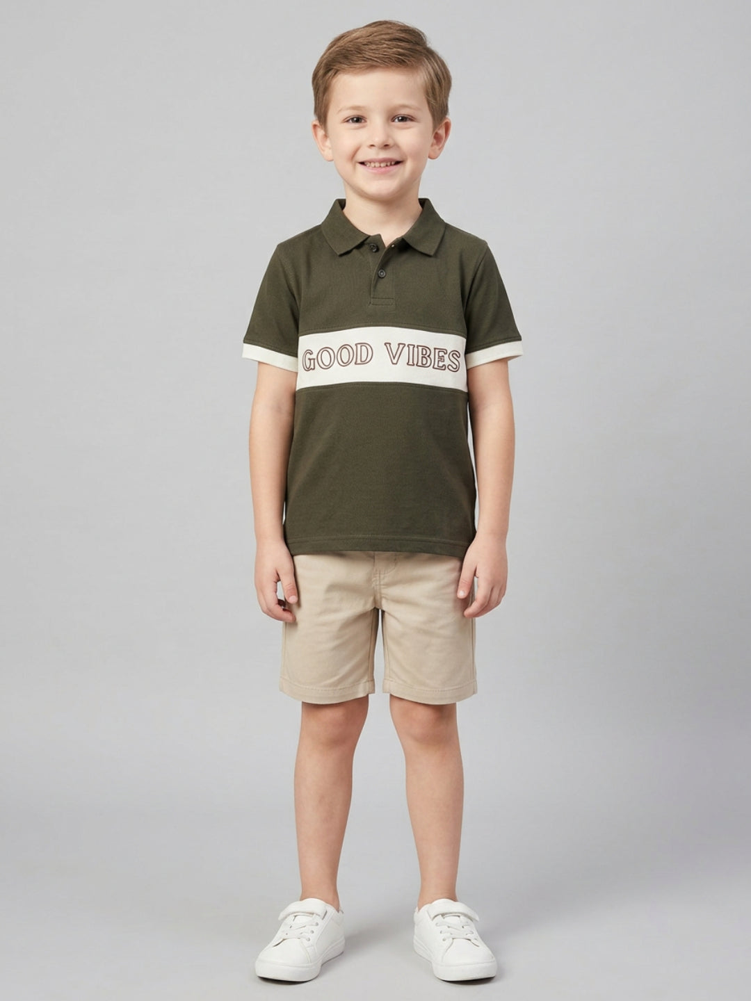 Boys Pure Cotton Olive Green & Off White Color Pique Polo T Shirt with Good Vibes design Print