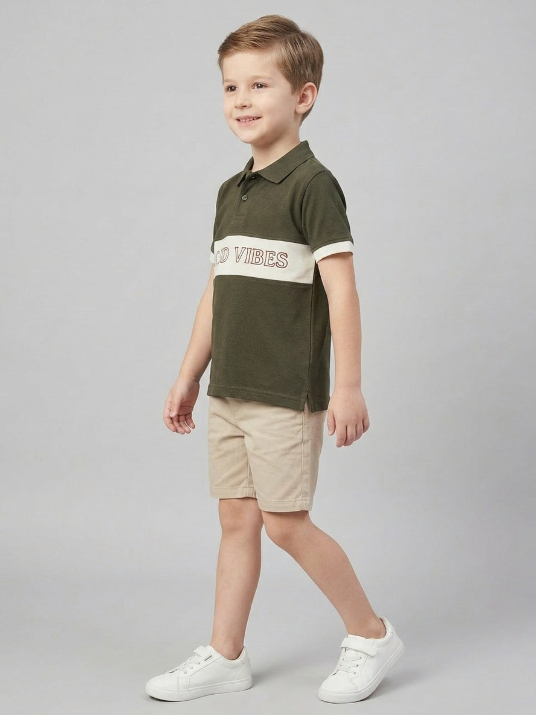 Boys Pure Cotton Olive Green & Off White Color Pique Polo T Shirt with Good Vibes design Print