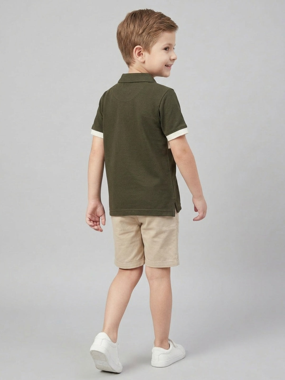 Boys Pure Cotton Olive Green & Off White Color Pique Polo T Shirt with Good Vibes design Print