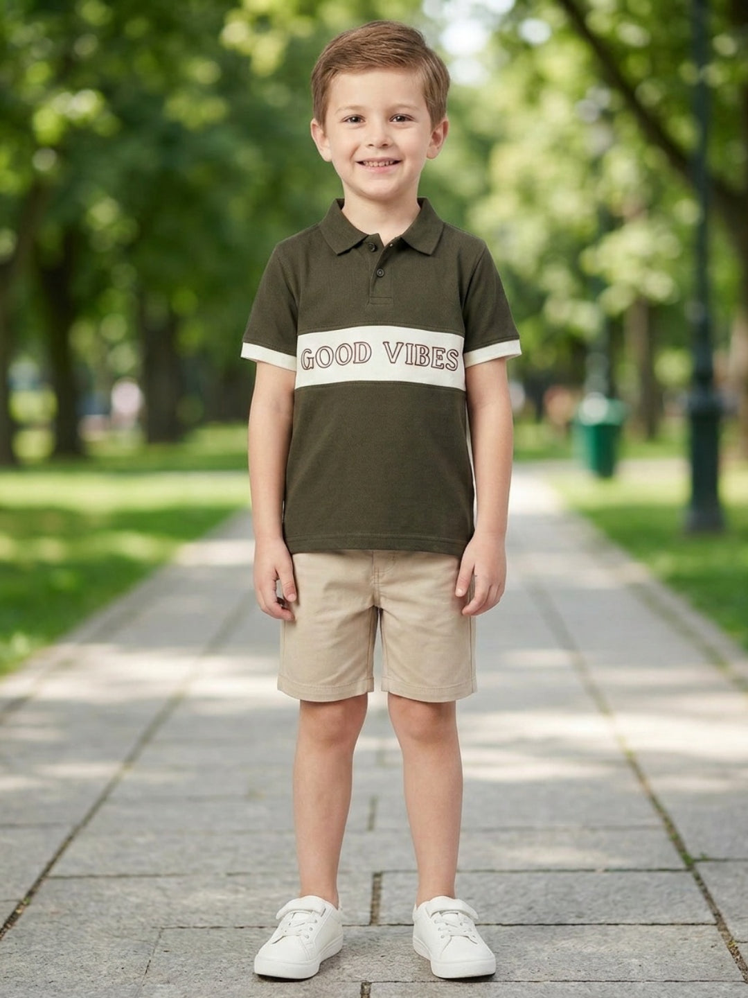 Boys Pure Cotton Olive Green & Off White Color Pique Polo T Shirt with Good Vibes design Print