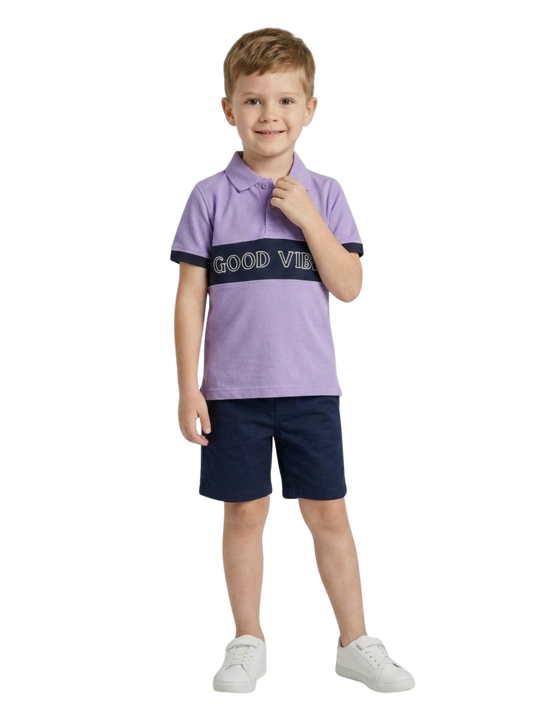 Boys Pure Cotton Lavender & Navy Color Pique Polo T Shirt with Good Vibes design Print