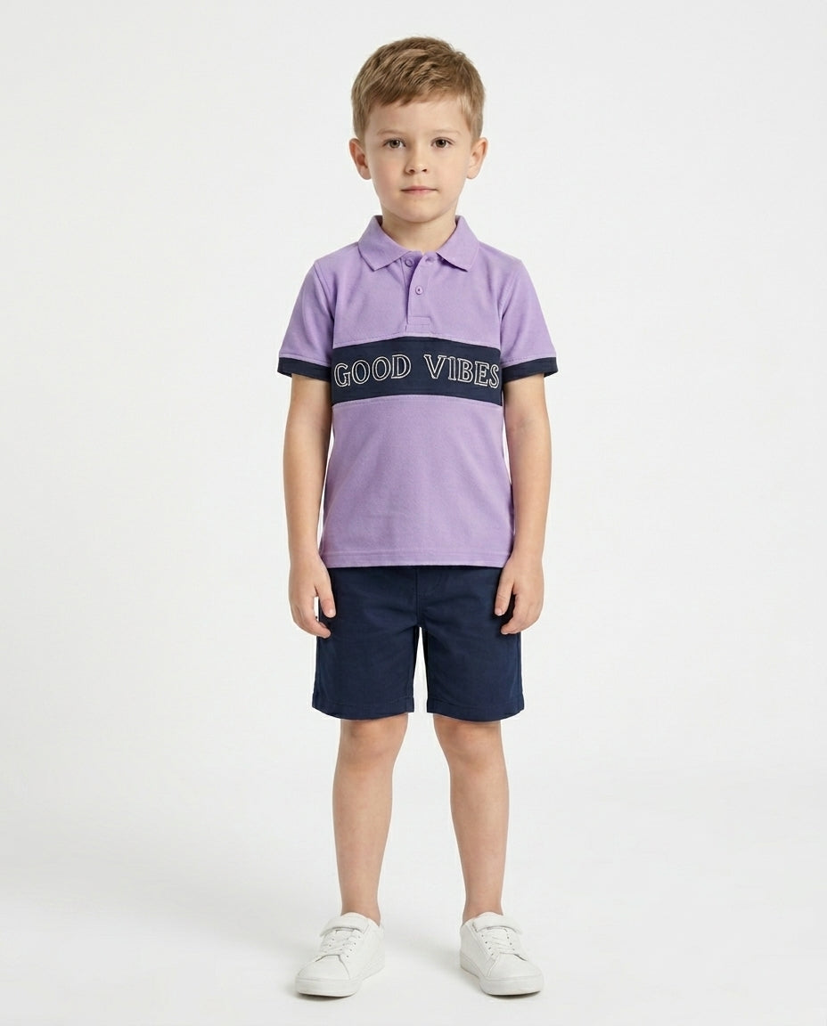 Boys Pure Cotton Lavender & Navy Color Pique Polo T Shirt with Good Vibes design Print