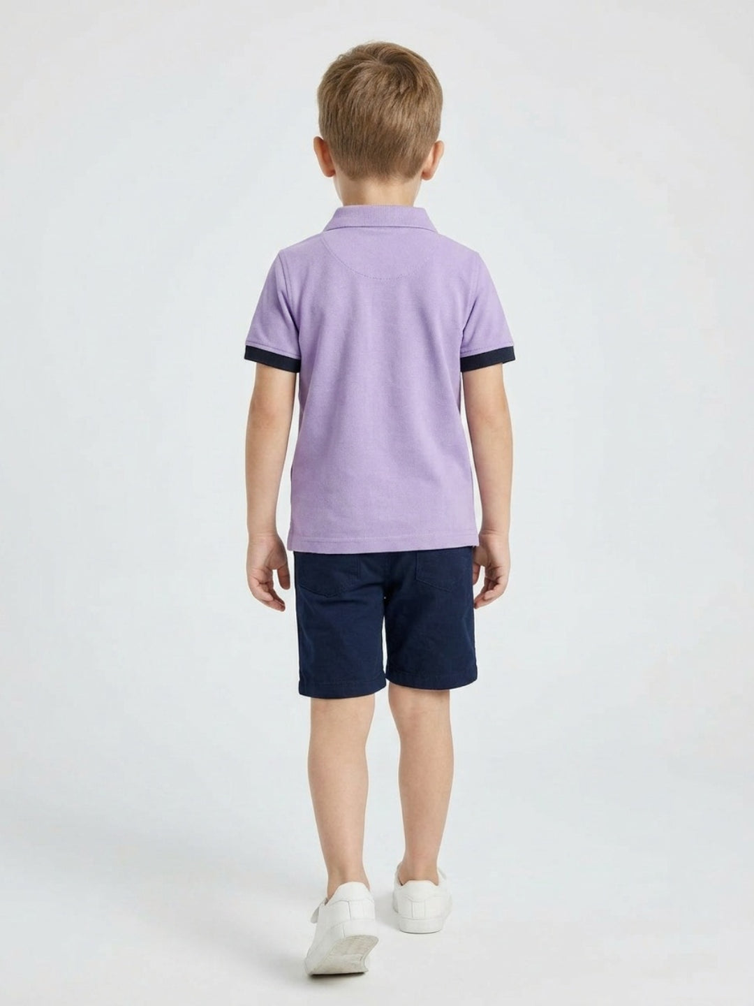 Boys Pure Cotton Lavender & Navy Color Pique Polo T Shirt with Good Vibes design Print