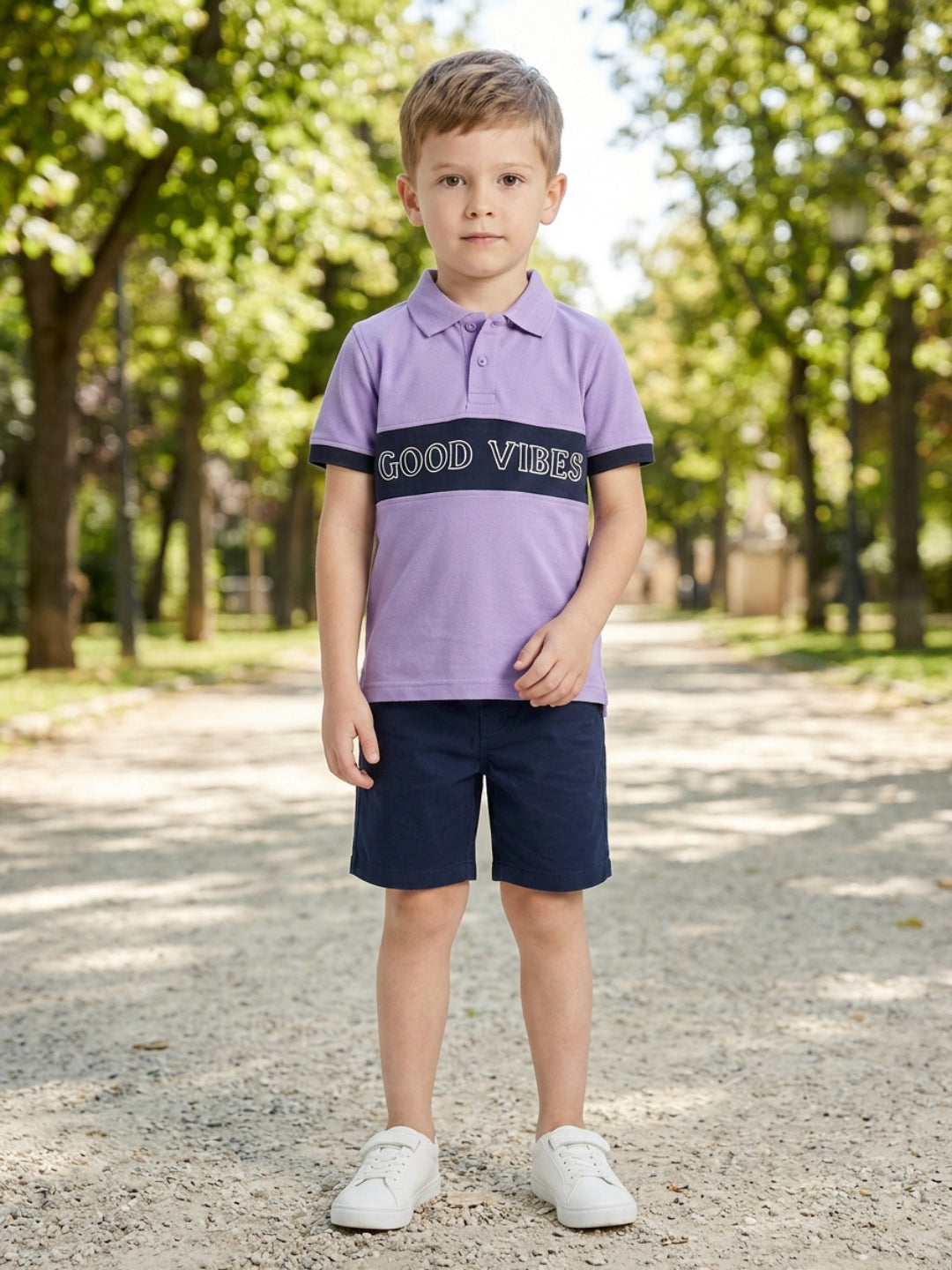 Boys Pure Cotton Lavender & Navy Color Pique Polo T Shirt with Good Vibes design Print