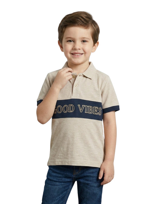 Boys Pure Cotton Peach & Navy Color Pique Polo T Shirt with Good Vibes design Print