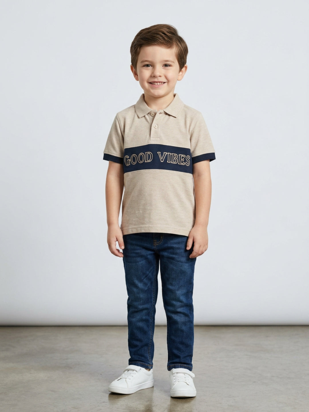 Boys Pure Cotton Peach & Navy Color Pique Polo T Shirt with Good Vibes design Print