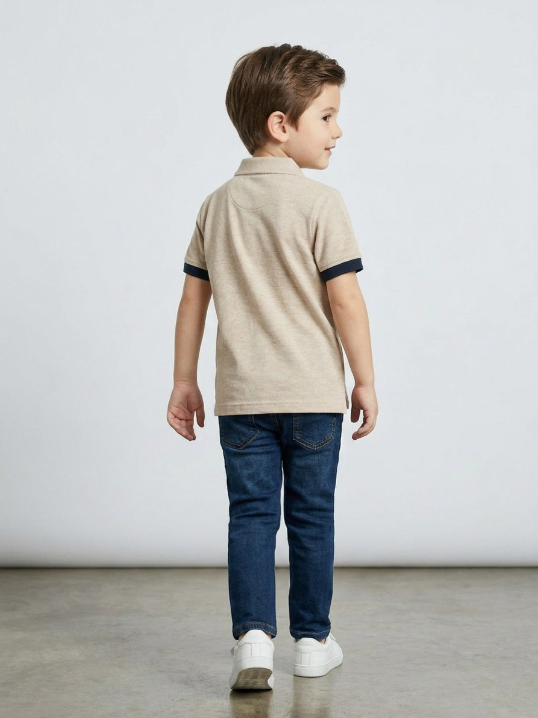 Boys Pure Cotton Peach & Navy Color Pique Polo T Shirt with Good Vibes design Print