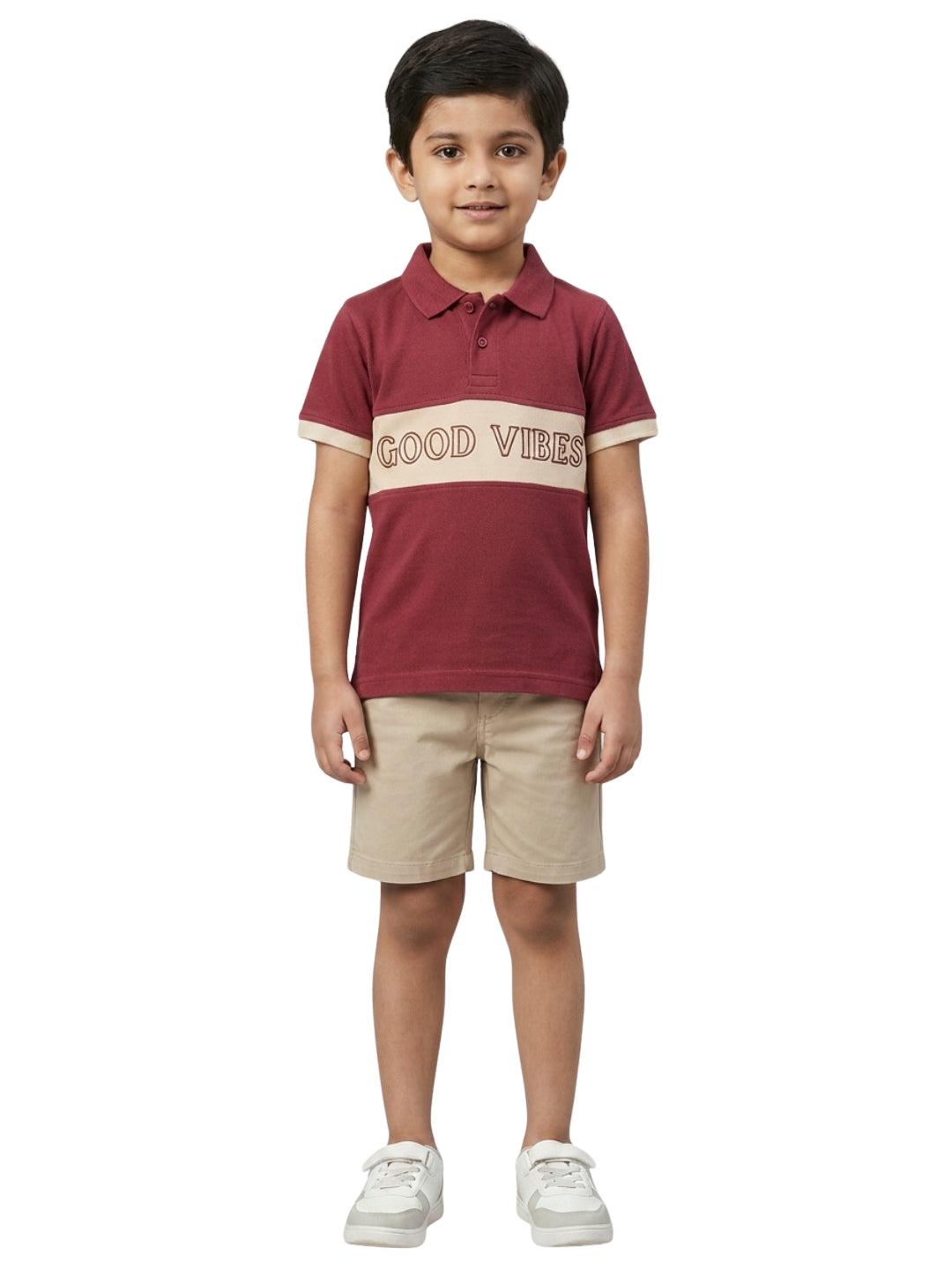 Boys Pure Cotton Maroon & Peach Color Pique Polo T Shirt with Good Vibes design Print
