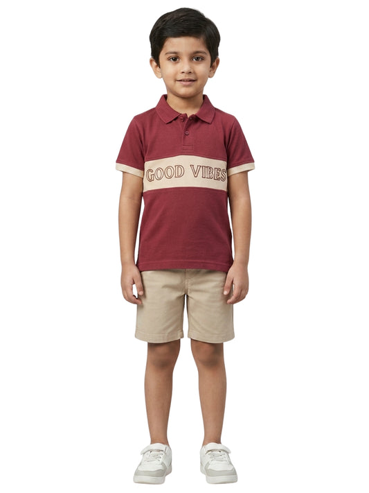Boys Pure Cotton Maroon & Peach Color Pique Polo T Shirt with Good Vibes design Print