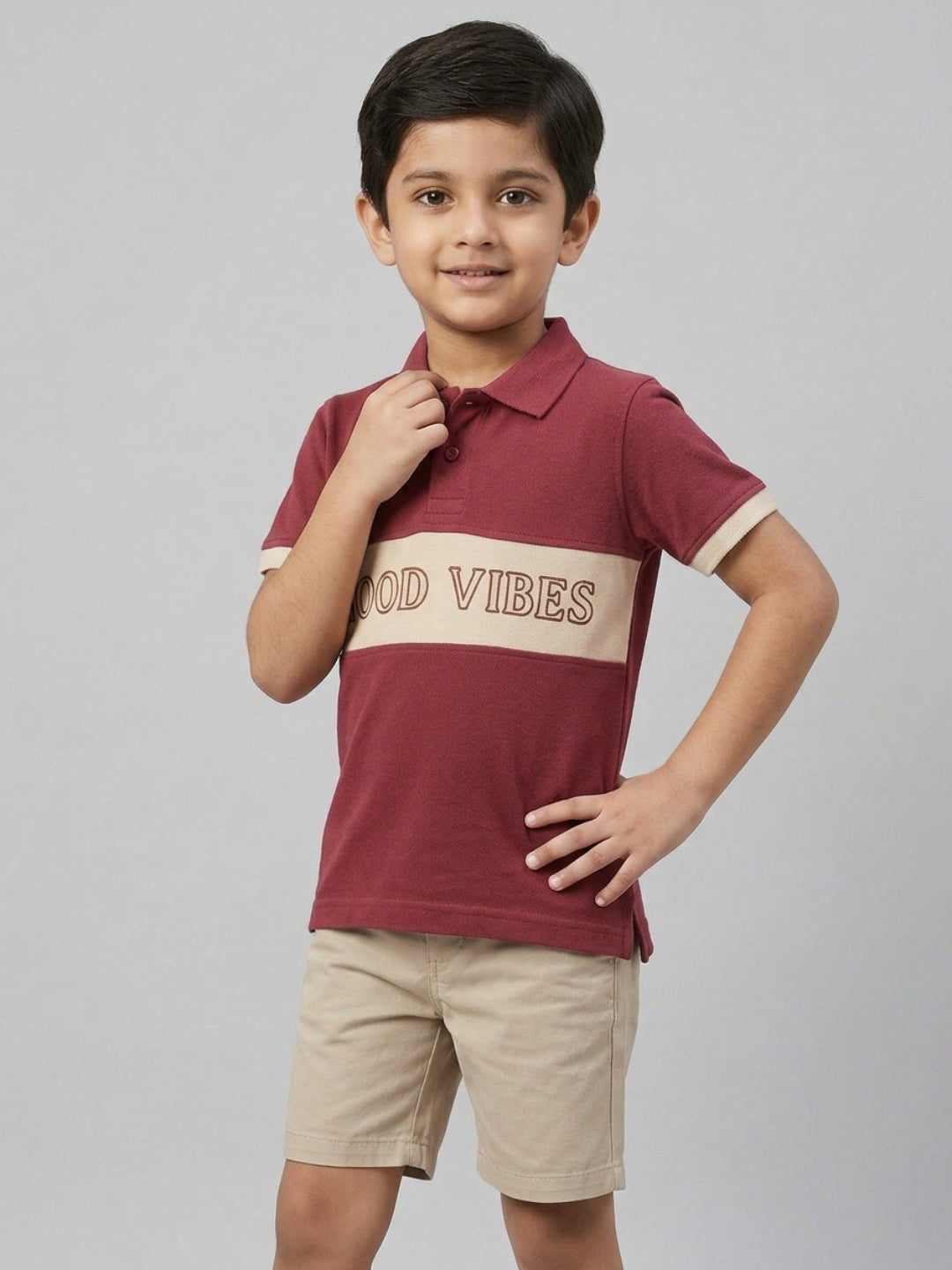 Boys Pure Cotton Maroon & Peach Color Pique Polo T Shirt with Good Vibes design Print