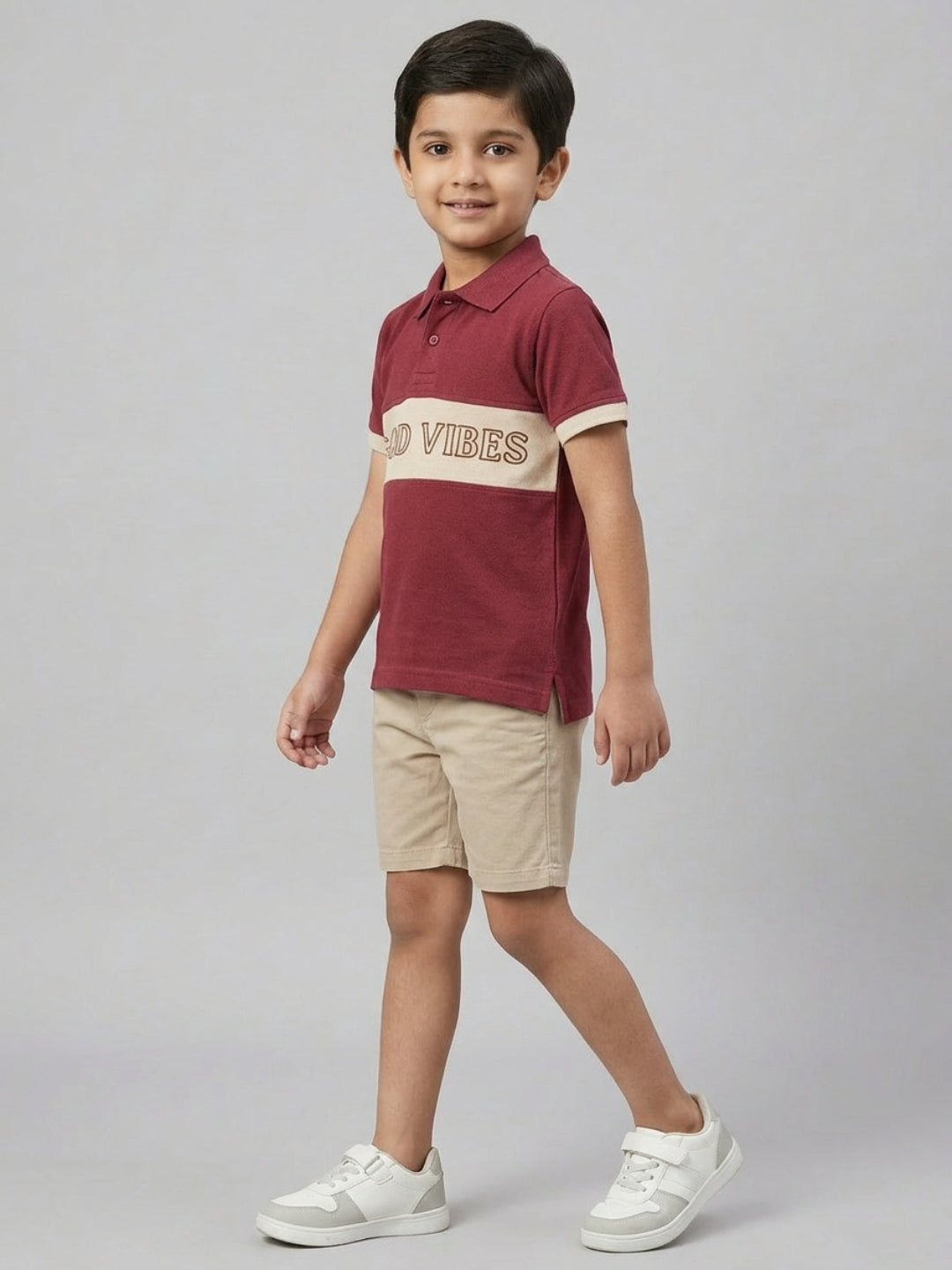 Boys Pure Cotton Maroon & Peach Color Pique Polo T Shirt with Good Vibes design Print