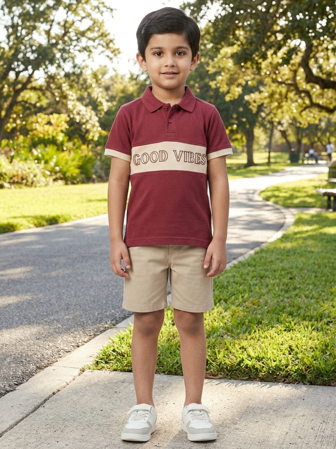 Boys Pure Cotton Maroon & Peach Color Pique Polo T Shirt with Good Vibes design Print