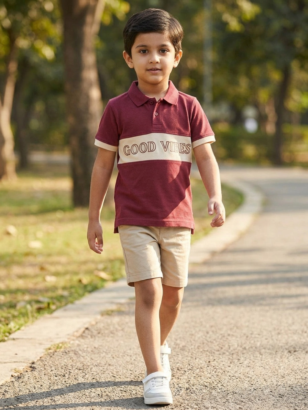 Boys Pure Cotton Maroon & Peach Color Pique Polo T Shirt with Good Vibes design Print