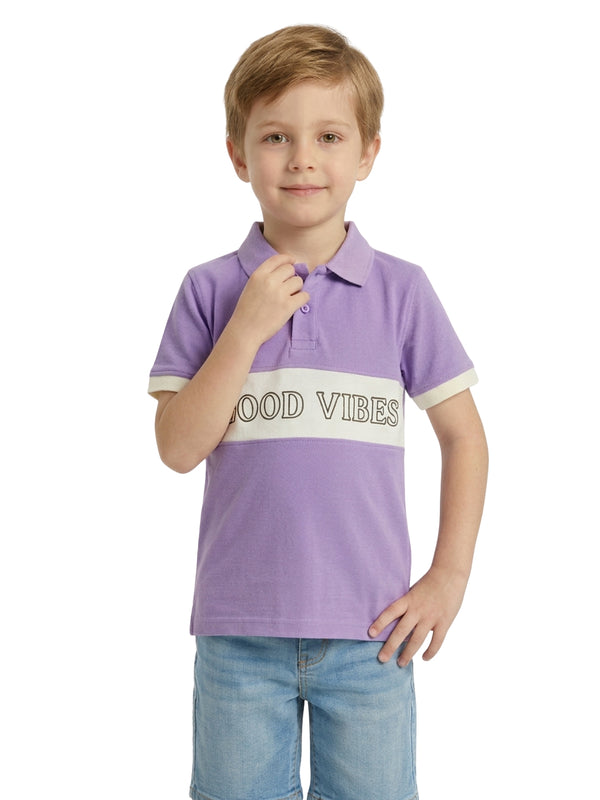 Boys Pure Cotton Lavender & Off White Color Pique Polo T Shirt with Good Vibes design Print
