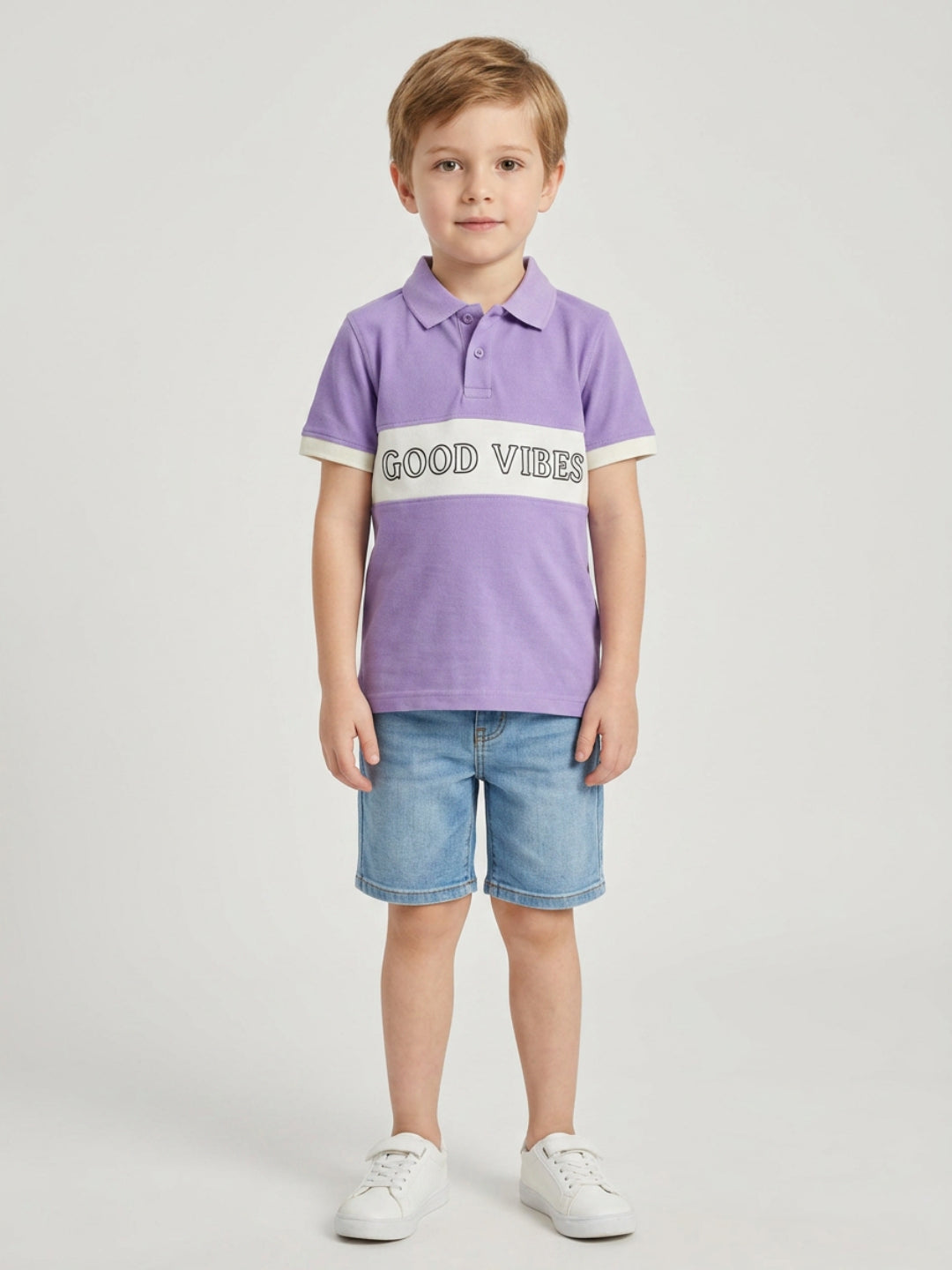 Boys Pure Cotton Lavender & Off White Color Pique Polo T Shirt with Good Vibes design Print
