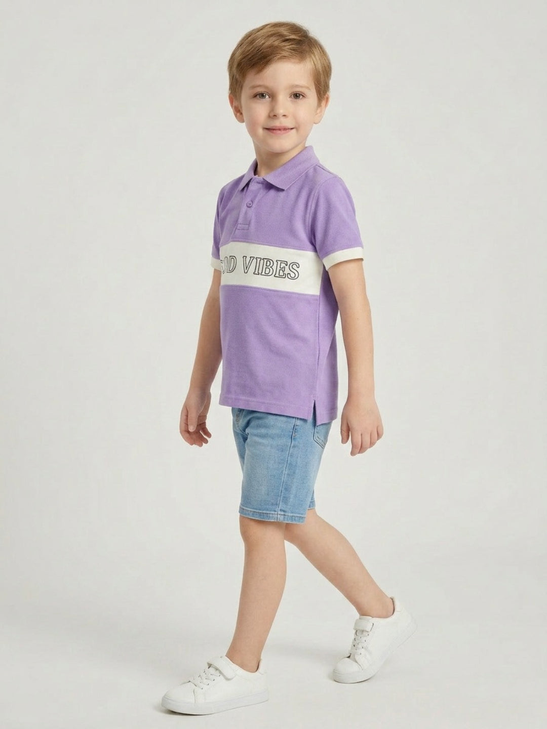 Boys Pure Cotton Lavender & Off White Color Pique Polo T Shirt with Good Vibes design Print