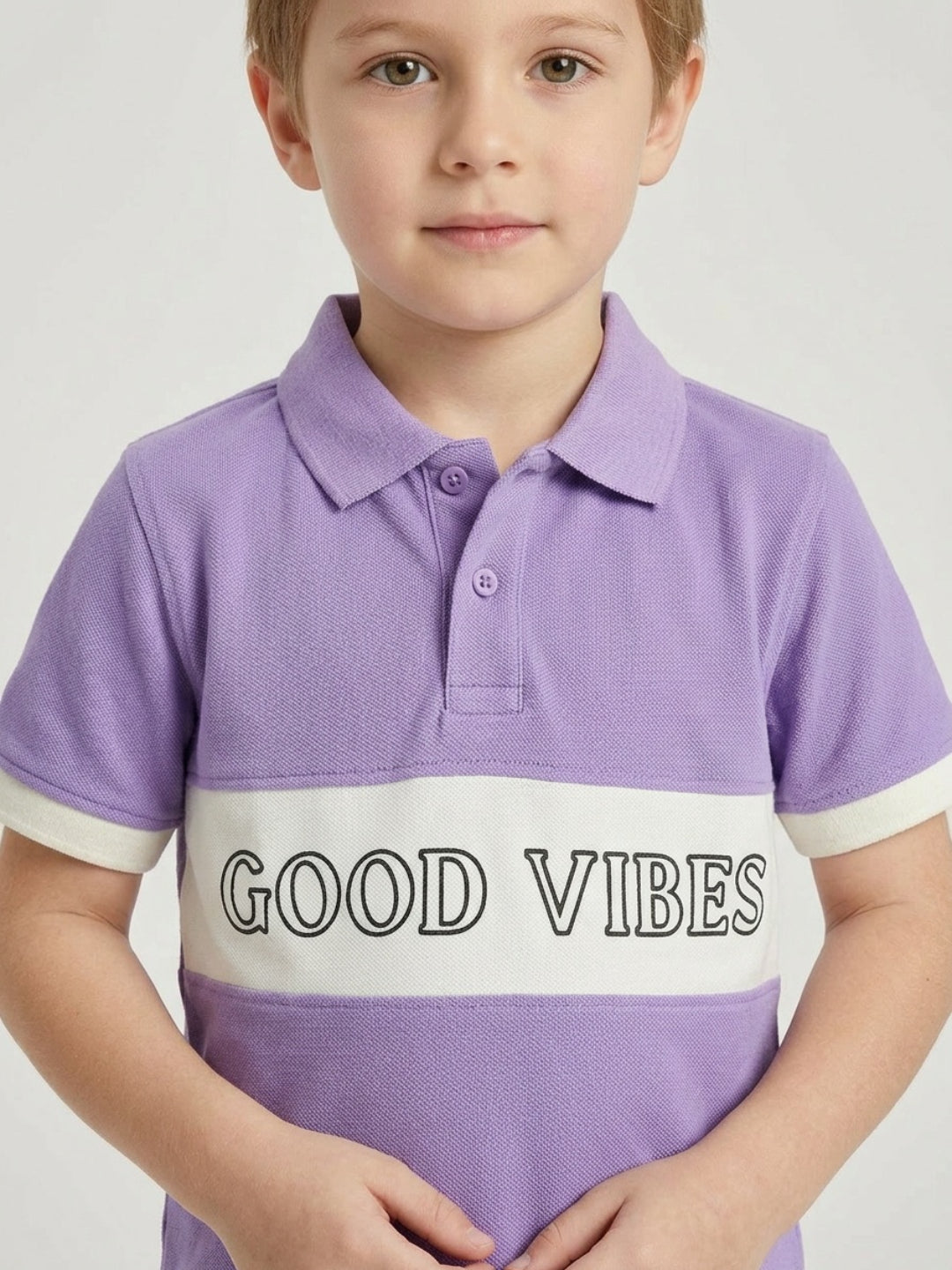Boys Pure Cotton Lavender & Off White Color Pique Polo T Shirt with Good Vibes design Print