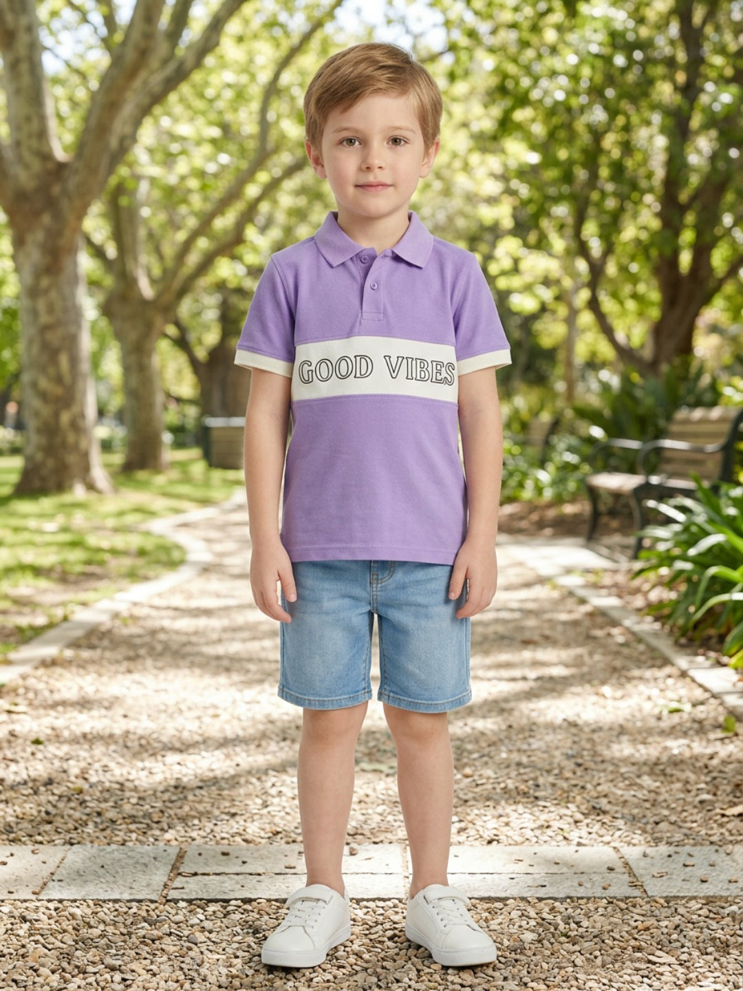 Boys Pure Cotton Lavender & Off White Color Pique Polo T Shirt with Good Vibes design Print