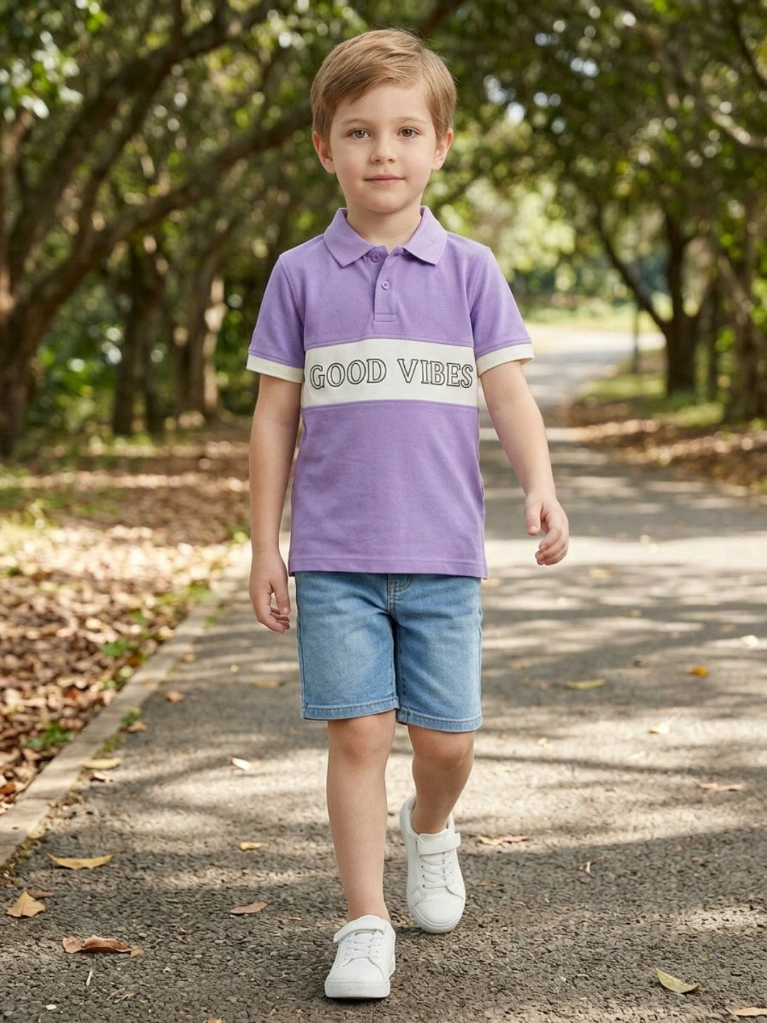 Boys Pure Cotton Lavender & Off White Color Pique Polo T Shirt with Good Vibes design Print