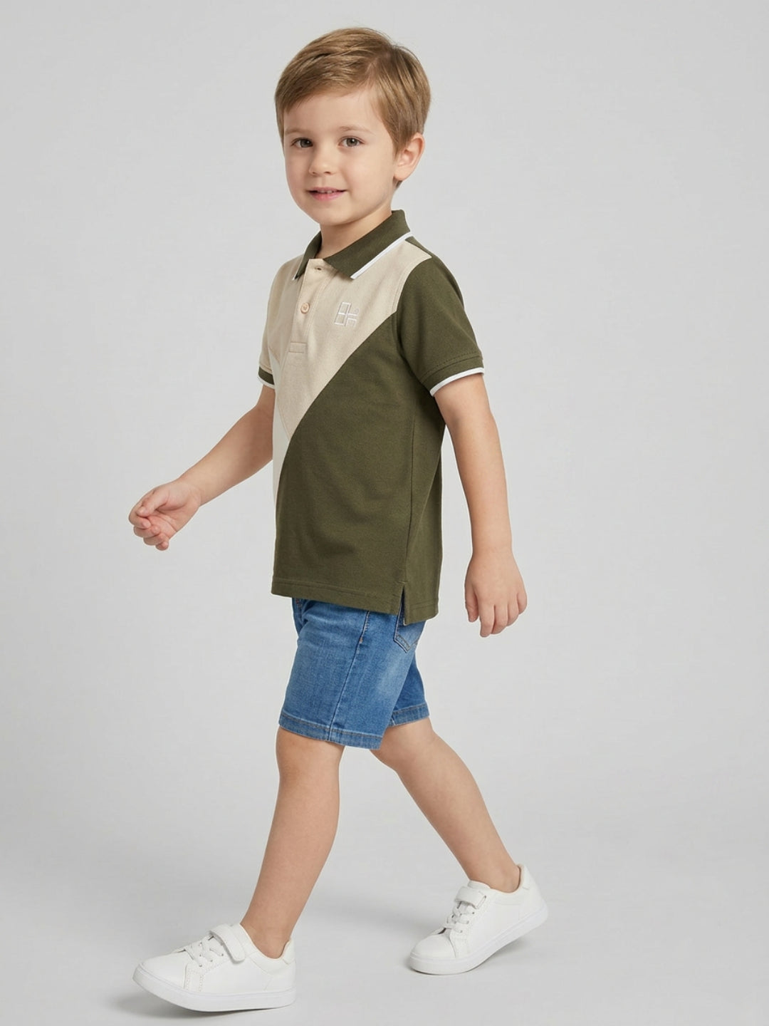 Boys Pure Cotton Tricolors Pique Polo T Shirt (Olive, Peach & Off White)