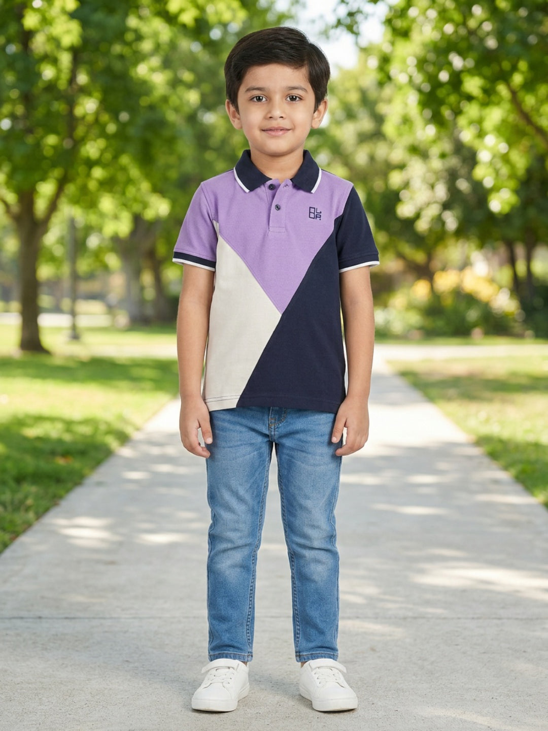 Boys Pure Cotton Tricolors Pique Polo T Shirt (Lavender, Navy & Off White)