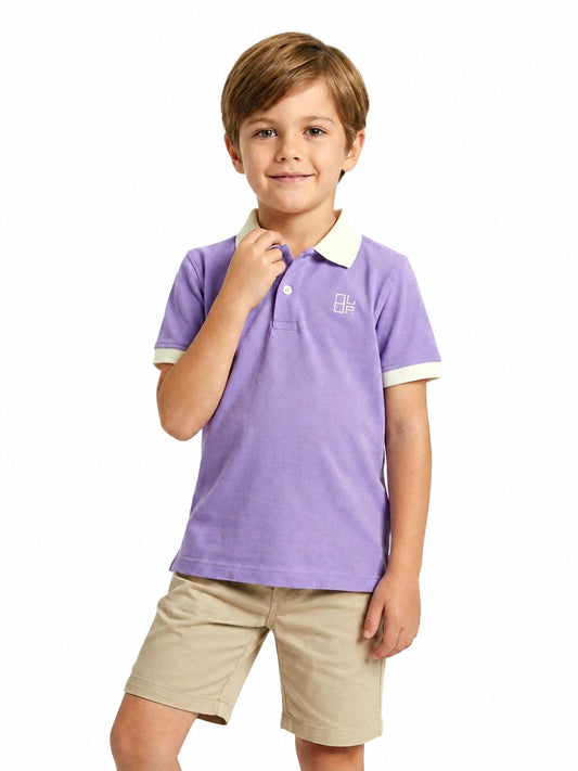 Boys Pure Cotton Lavender Color Pique Polo T Shirt with Off White Collar