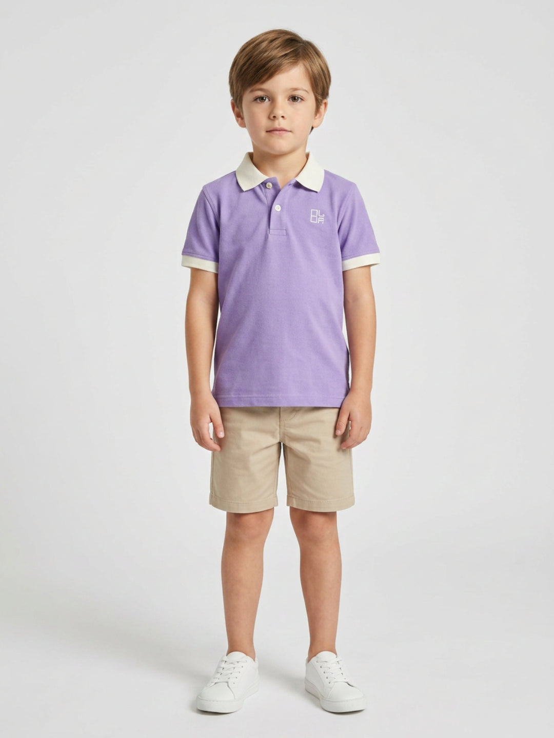 Boys Pure Cotton Lavender Color Pique Polo T Shirt with Off White Collar