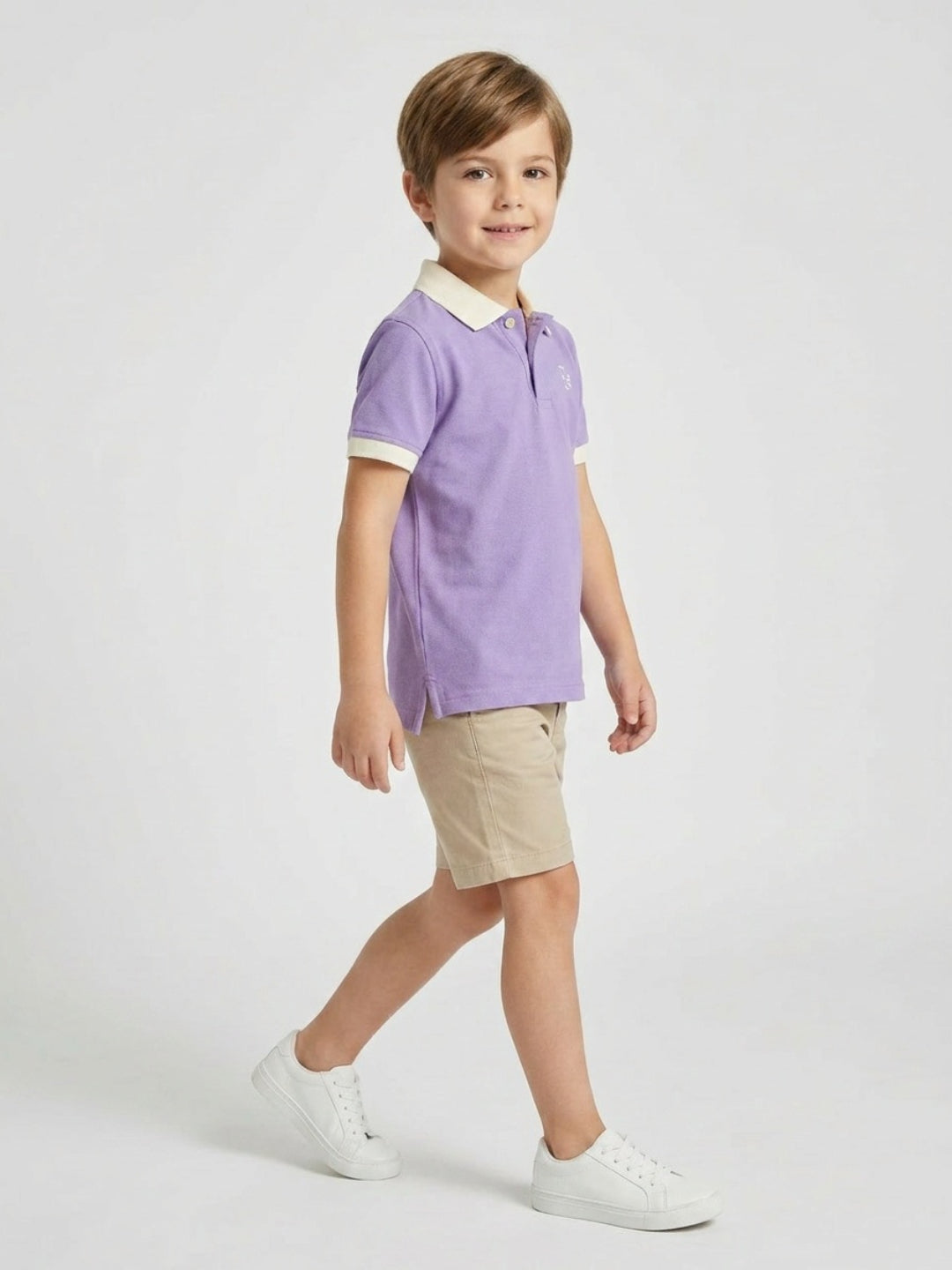 Boys Pure Cotton Lavender Color Pique Polo T Shirt with Off White Collar