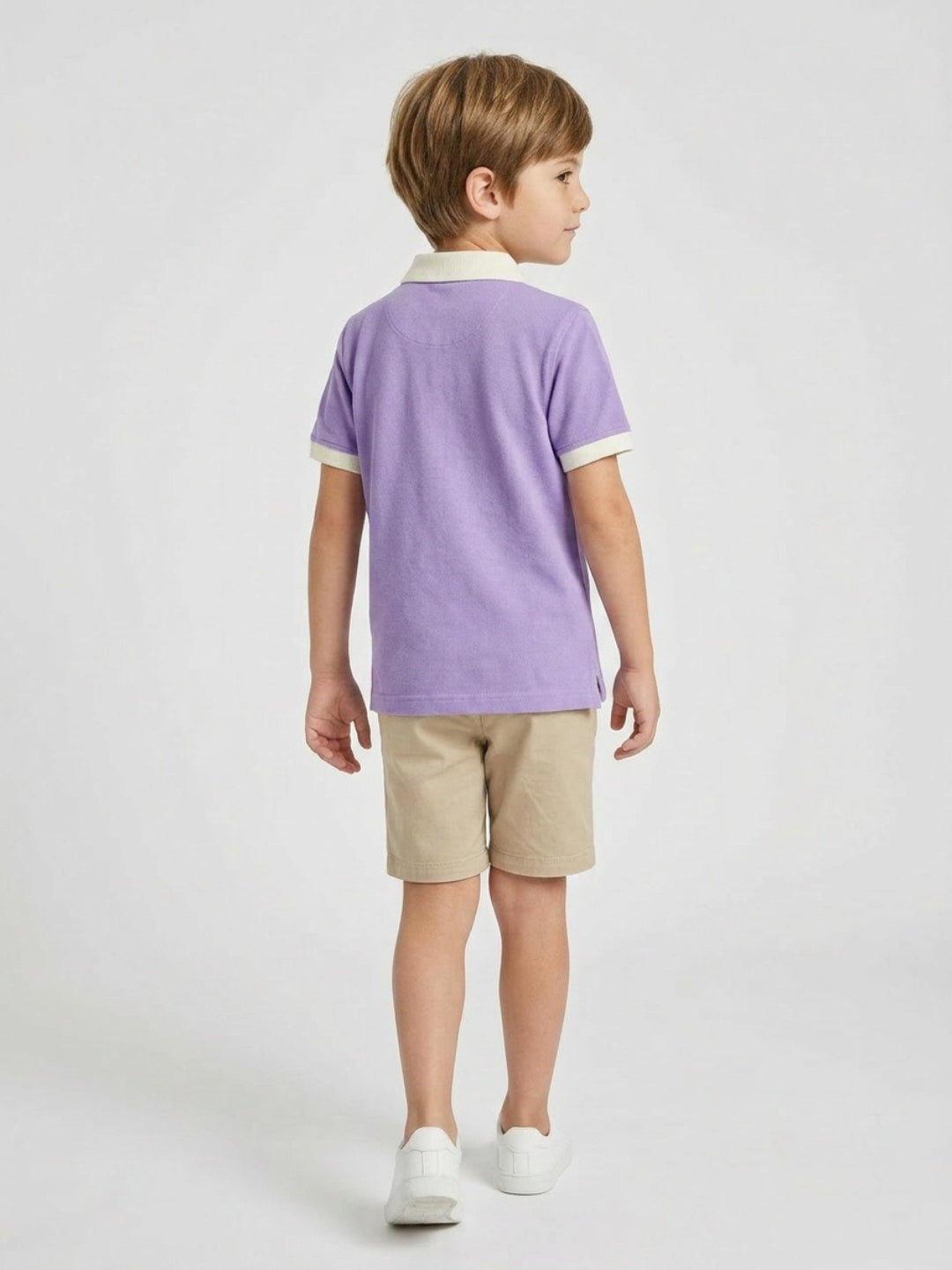 Boys Pure Cotton Lavender Color Pique Polo T Shirt with Off White Collar