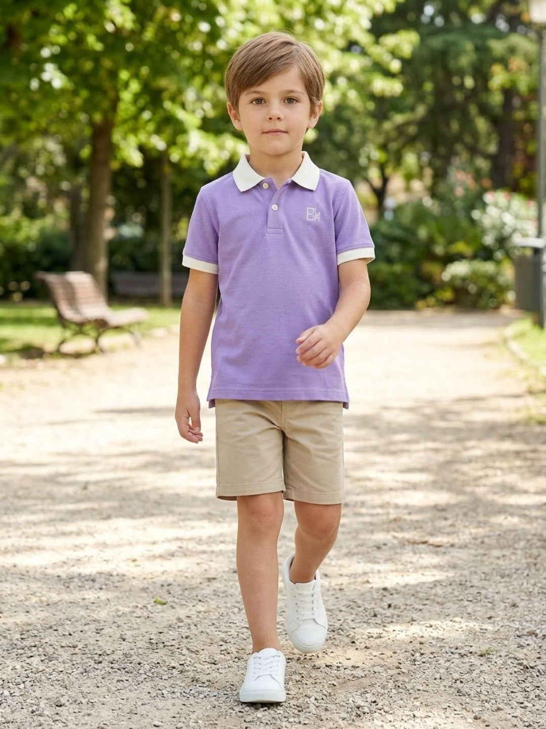 Boys Pure Cotton Lavender Color Pique Polo T Shirt with Off White Collar