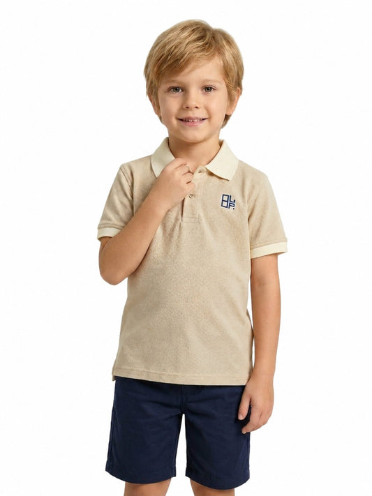 Boys Pure Cotton Peach Color Pique Polo T Shirt with Off White Collar