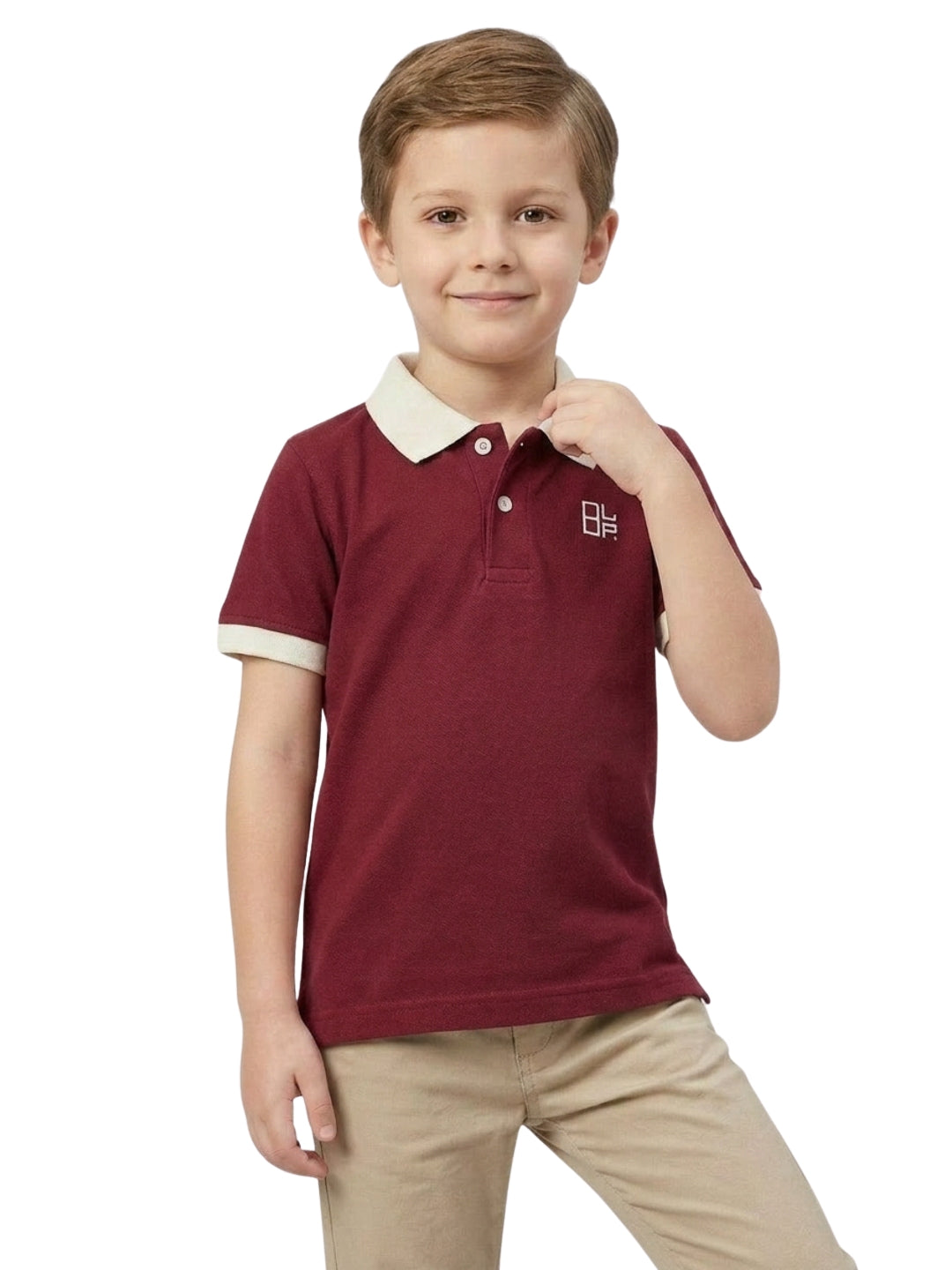 Boys Pure Cotton Maroon Color Pique Polo T Shirt with Off White Collar