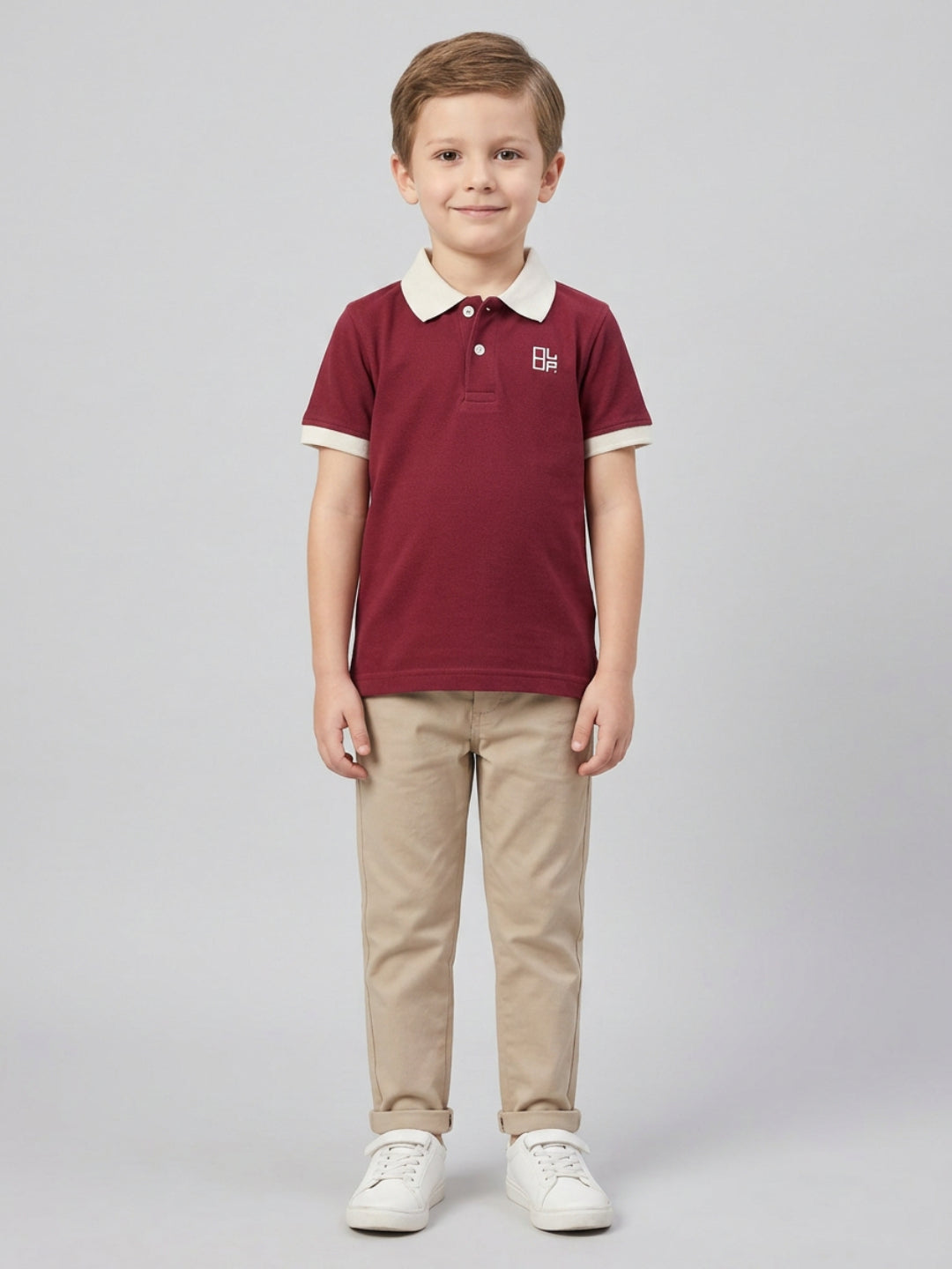 Boys Pure Cotton Maroon Color Pique Polo T Shirt with Off White Collar