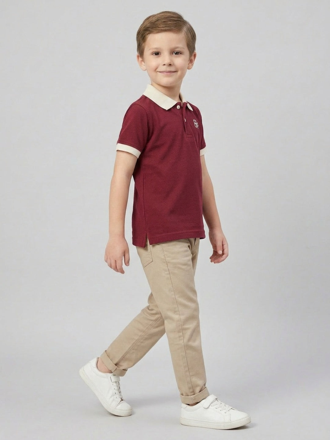 Boys Pure Cotton Maroon Color Pique Polo T Shirt with Off White Collar