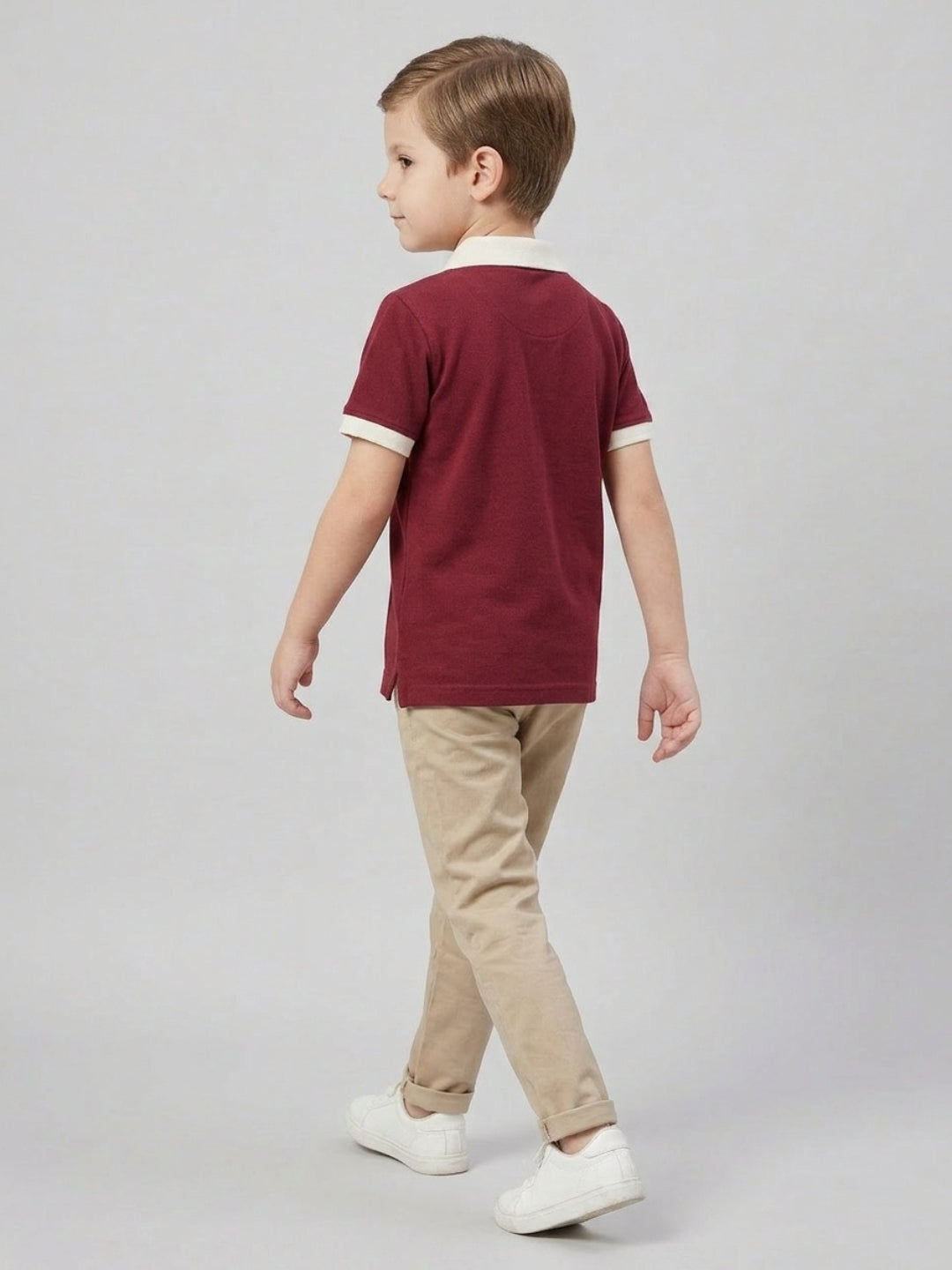 Boys Pure Cotton Maroon Color Pique Polo T Shirt with Off White Collar