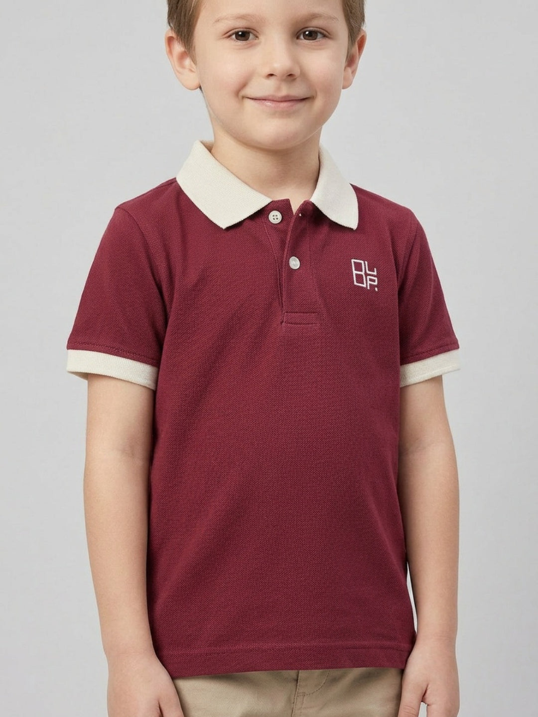 Boys Pure Cotton Maroon Color Pique Polo T Shirt with Off White Collar