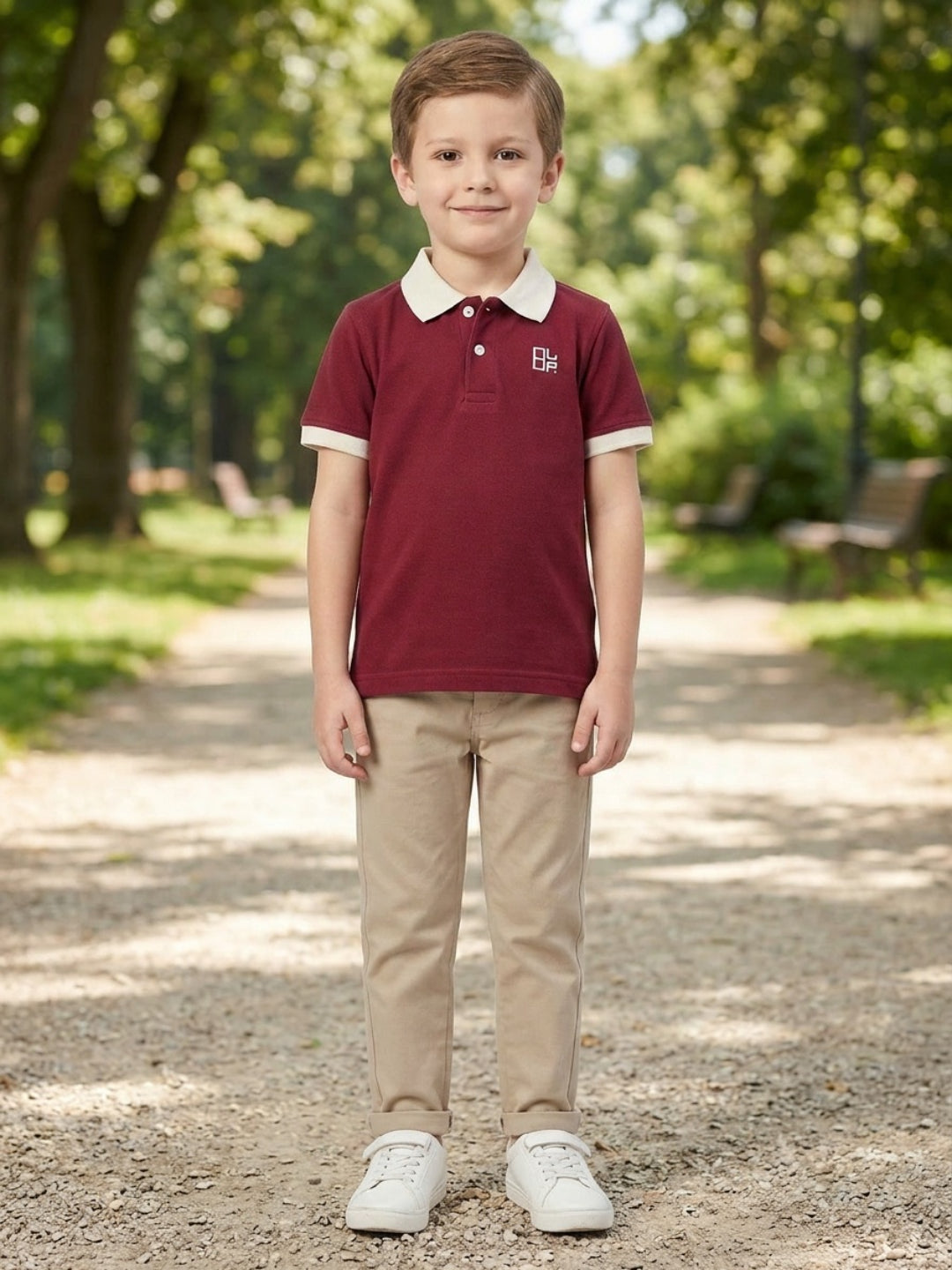 Boys Pure Cotton Maroon Color Pique Polo T Shirt with Off White Collar