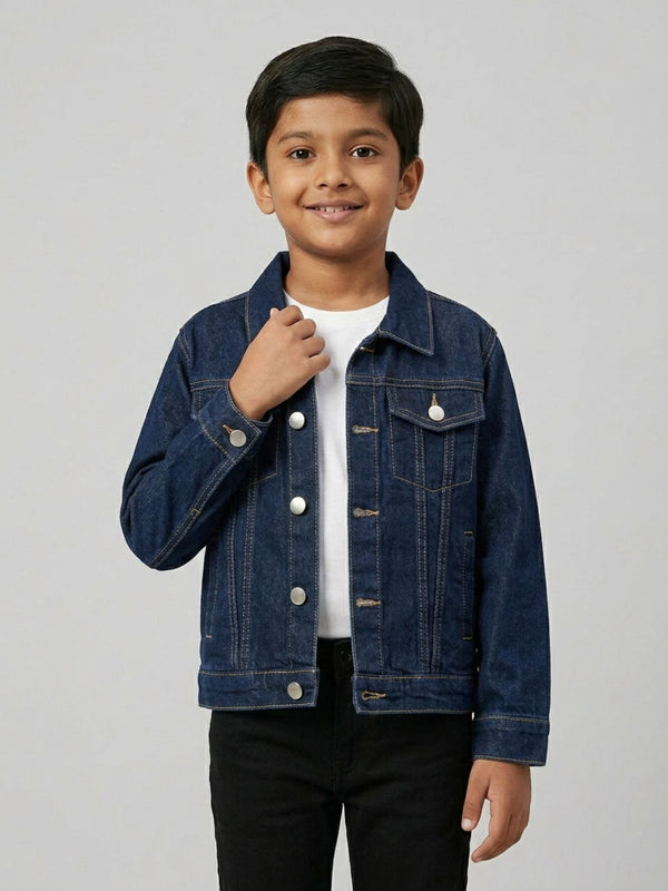 Biglilpeople Boys Blue Solid Spread Collar Full Sleeves Denim Jacket