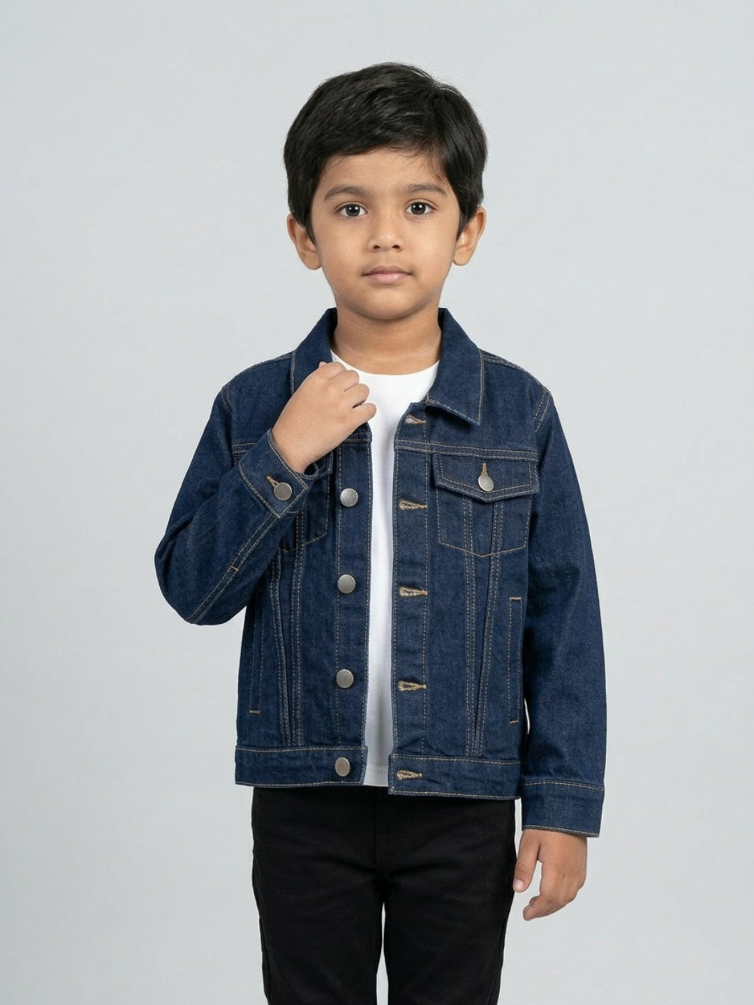 Biglilpeople Boys Navy Blue Solid Spread Collar Full Sleeves Denim Jacket
