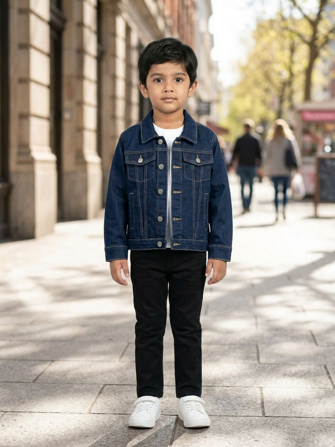 Biglilpeople Boys Navy Blue Solid Spread Collar Full Sleeves Denim Jacket