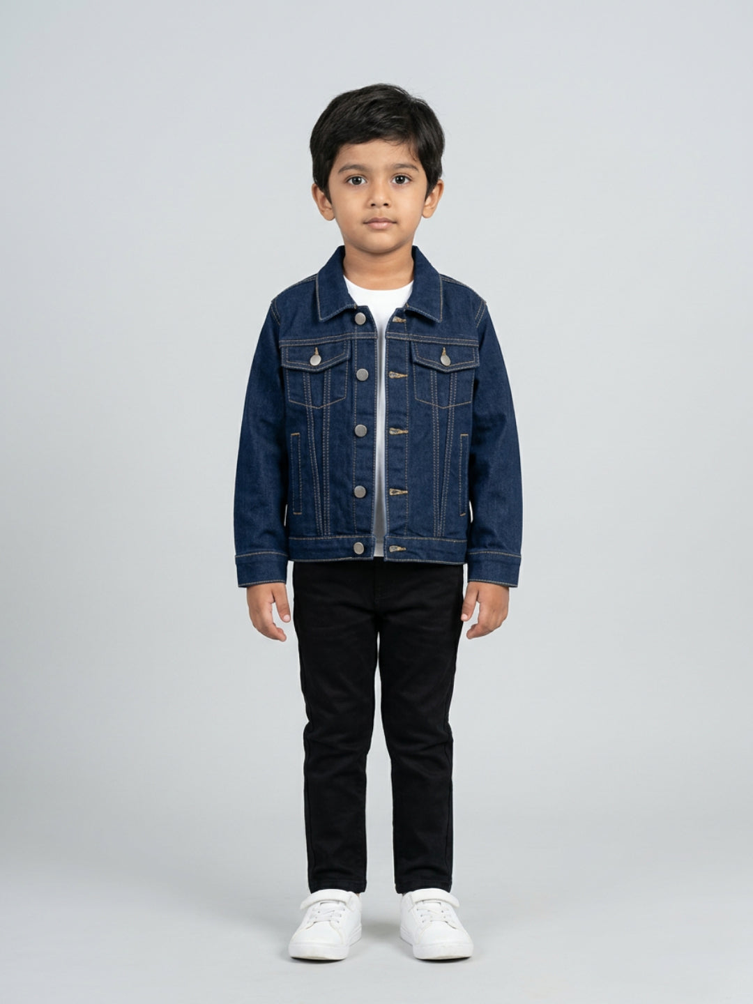 Biglilpeople Boys Navy Blue Solid Spread Collar Full Sleeves Denim Jacket