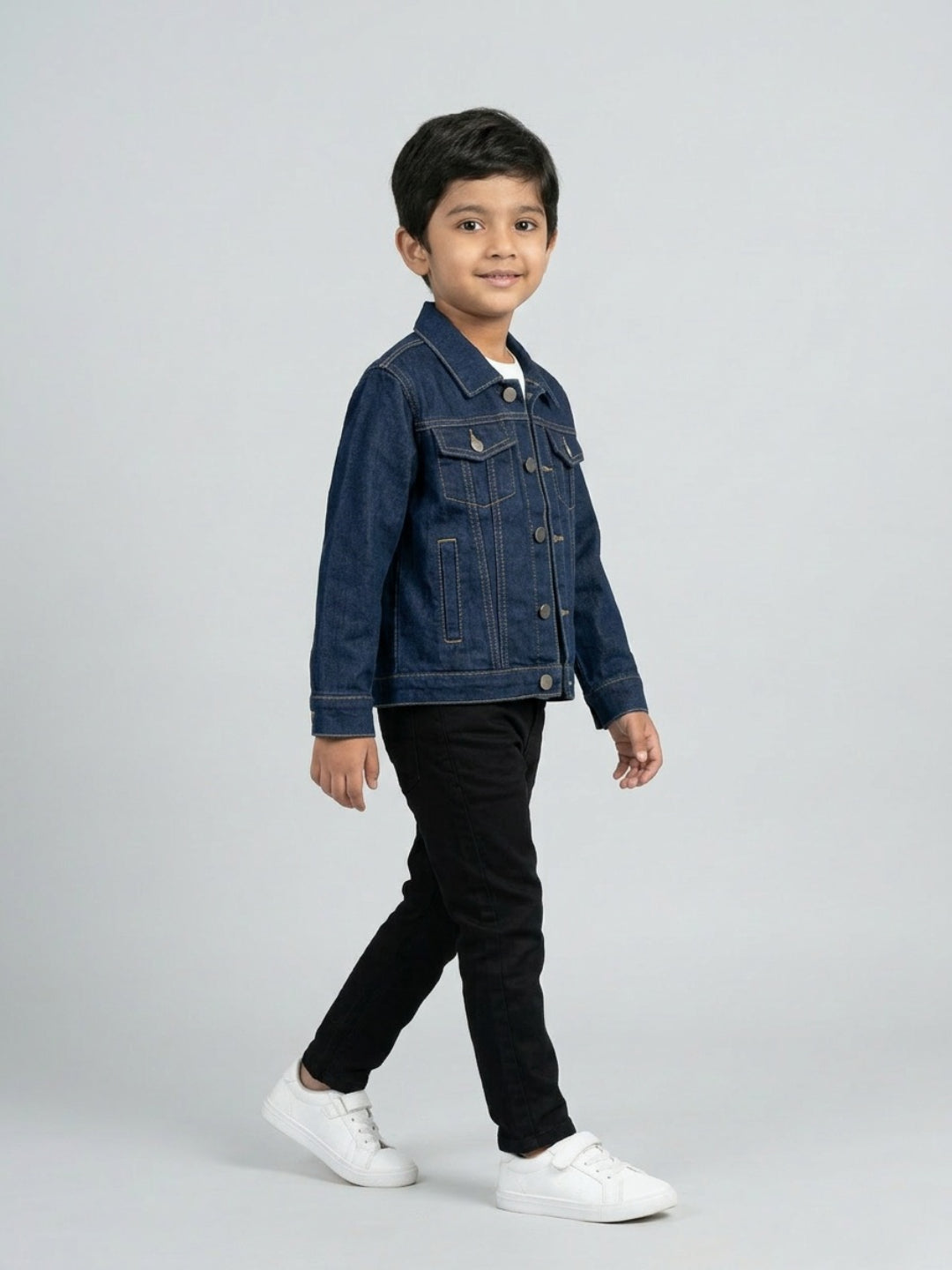 Biglilpeople Boys Navy Blue Solid Spread Collar Full Sleeves Denim Jacket