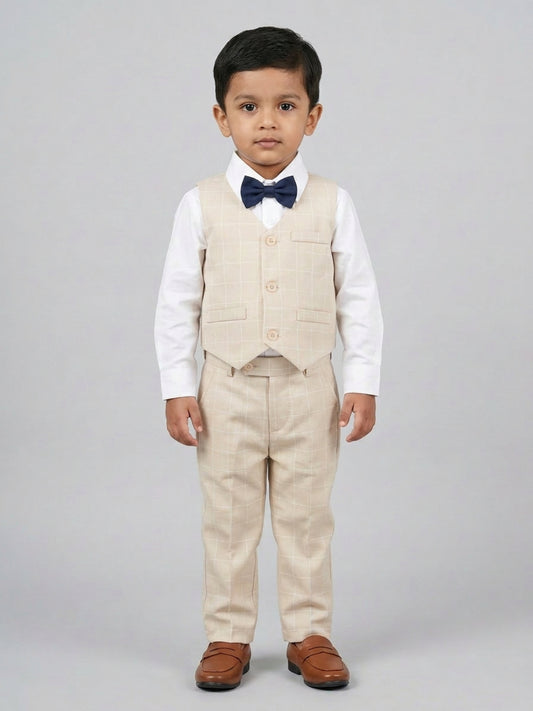 बिगलीलपीपल लड़कों के लिए 3-पीस बेज सूट सेट: क्लासिक बो के साथ शर्ट और वेस्टकोट और पैंट