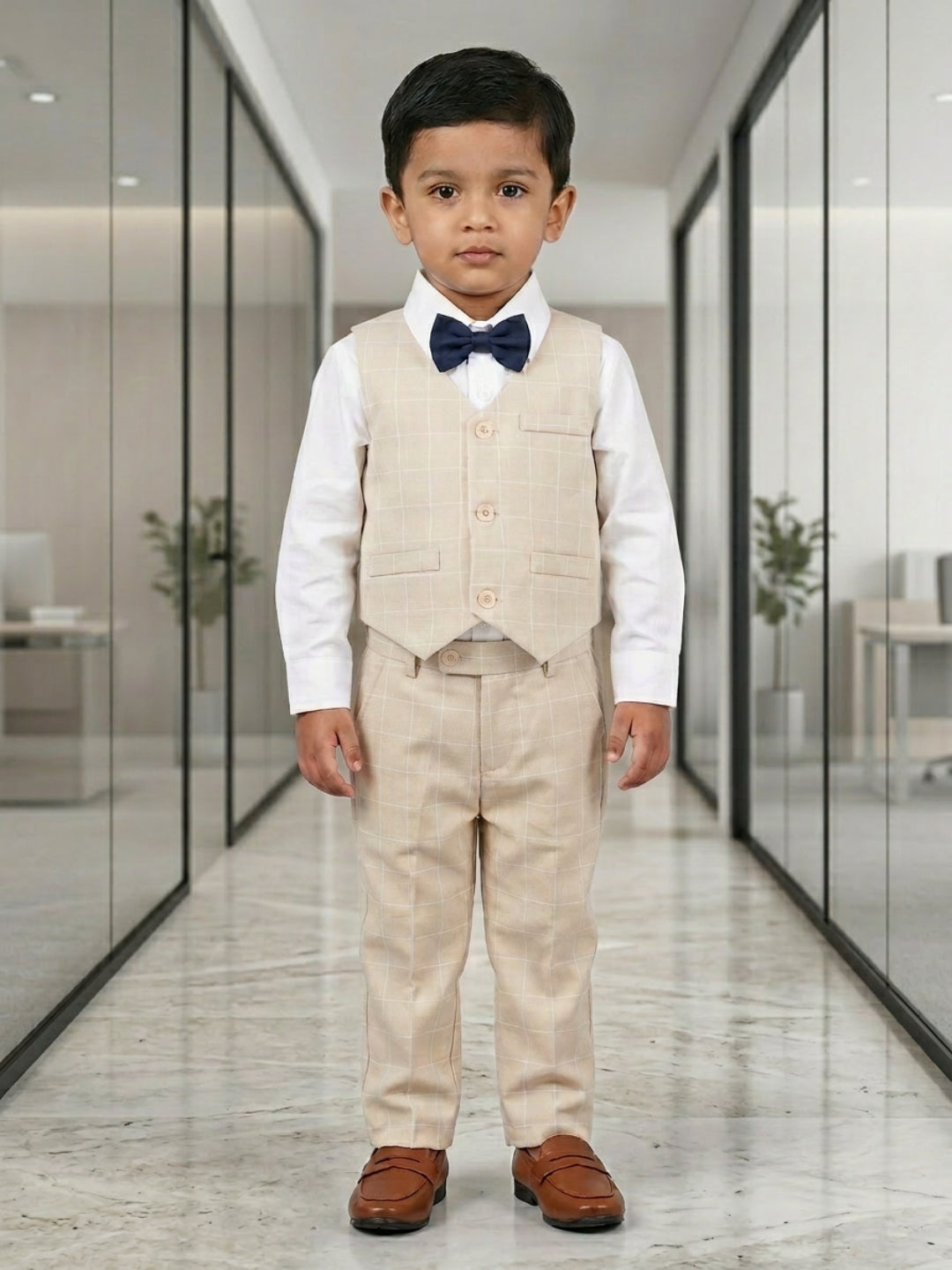 बिगलीलपीपल लड़कों के लिए 3-पीस बेज सूट सेट: क्लासिक बो के साथ शर्ट और वेस्टकोट और पैंट