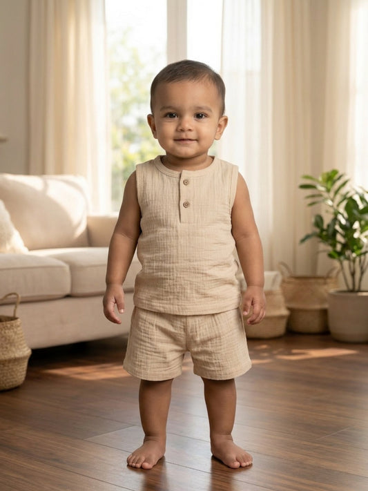 Biglilpeople Infant Organic Soft Crinkled Muslin Beige Color Top & Short