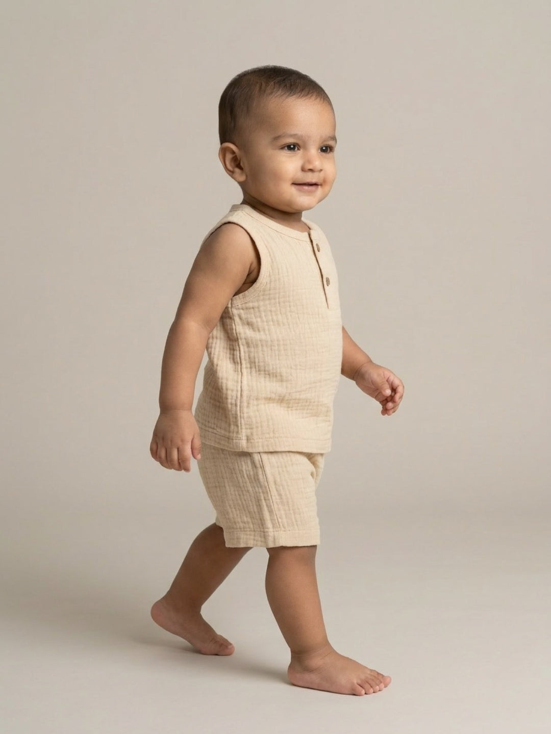 Biglilpeople Infant Organic Soft Crinkled Muslin Beige Color Top & Short